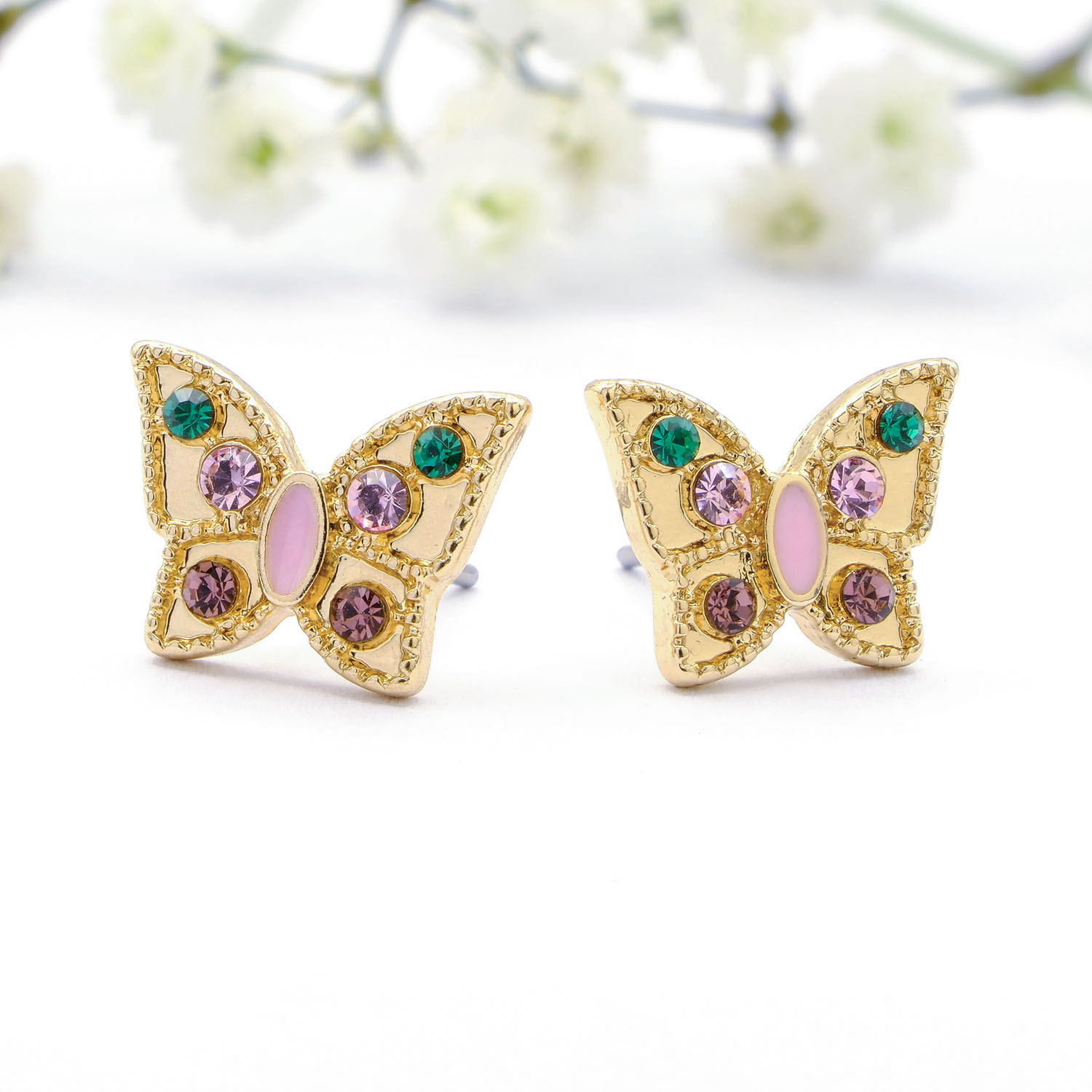 Gold Butterfly Studs With Pastel Stones - Gold Butterfly Studs With Pastel Stones GTK32 5