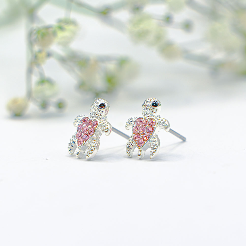 Turtle Stud Earrings - Silver Turtle Stud Earrings with Pink Crystal Insert GTK17