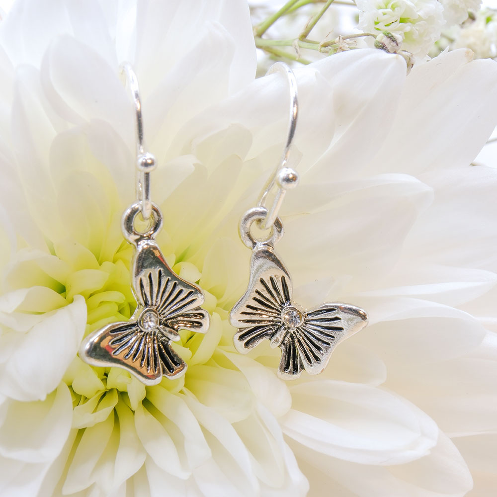 Silver Drop Butterfly Earrings - Silver antiqued FH drop butterfly GTK12