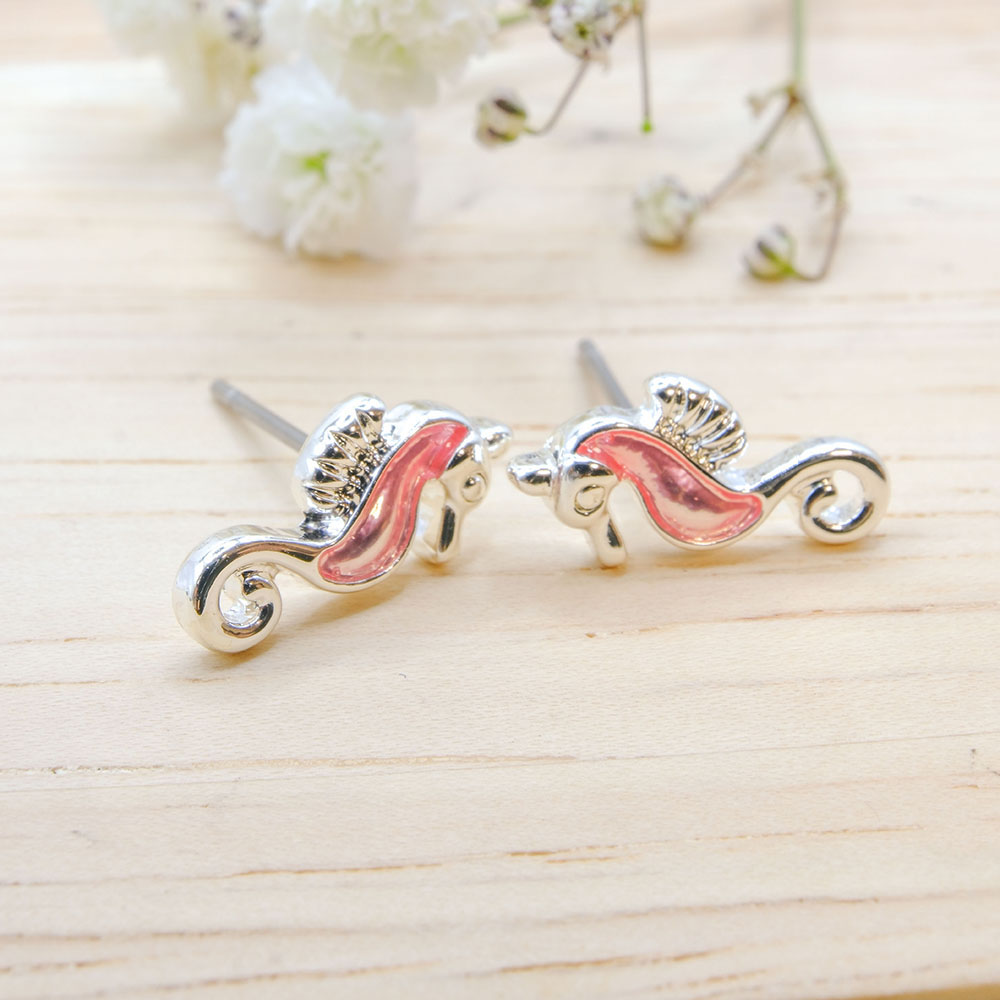 Pink Seahorse Earrings - 13mm Silver Seahorse with pink insert GTK15