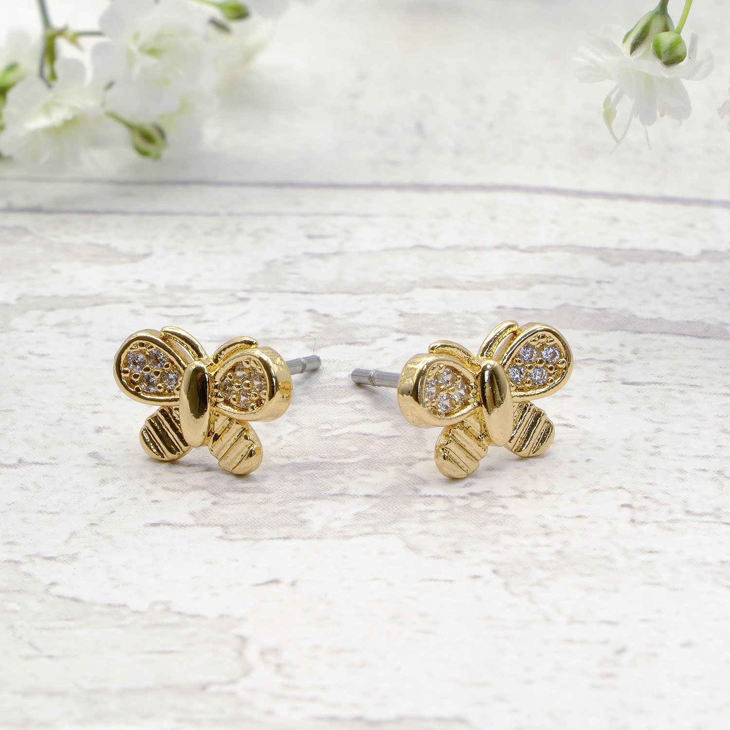 Gold Butterfly Studs With Crystal Insert - Gold Butterfly Studs With Crystal Insert GTK30 3