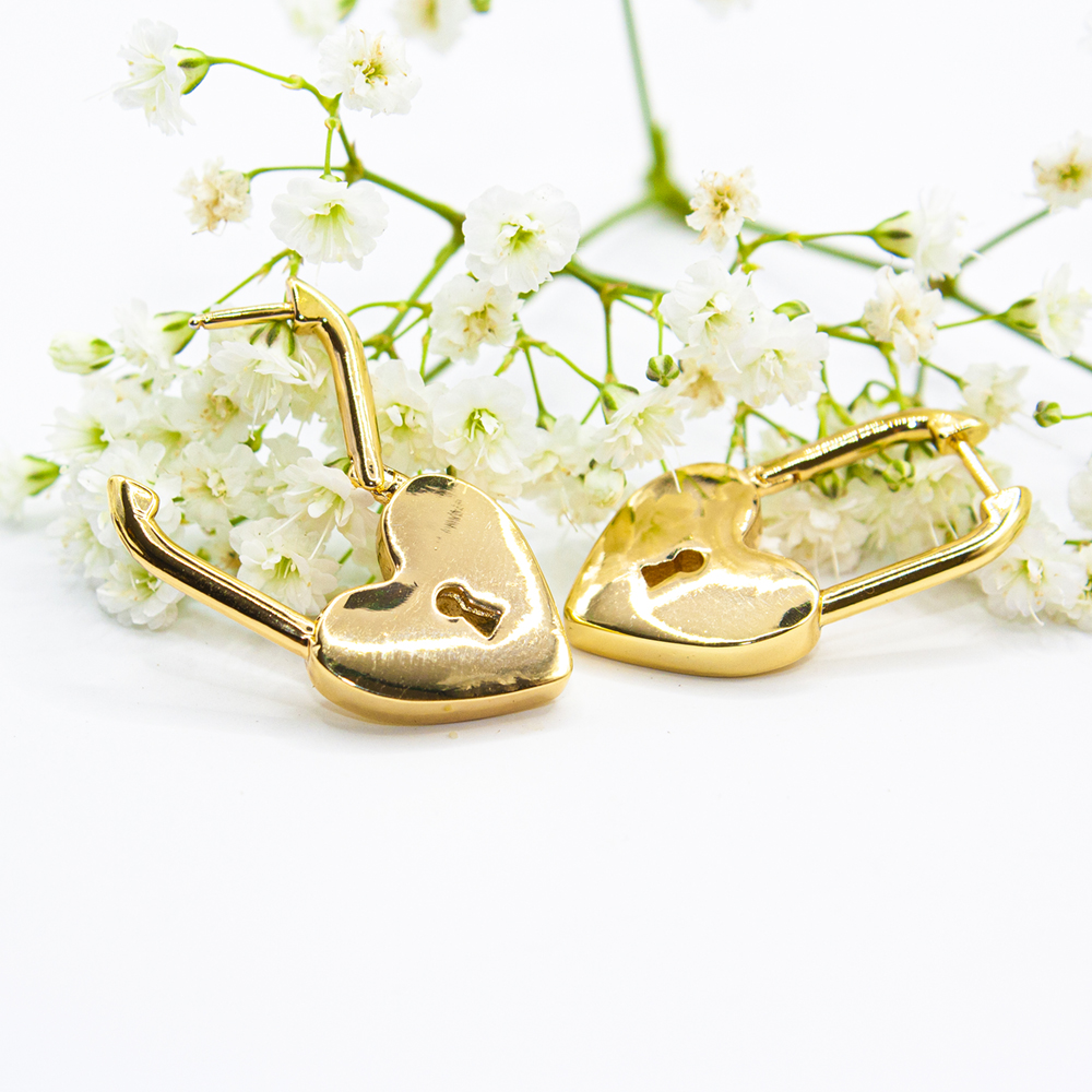 Gold Heart Padlock Earrings - Gold Drop Heart Padlock ES59 3