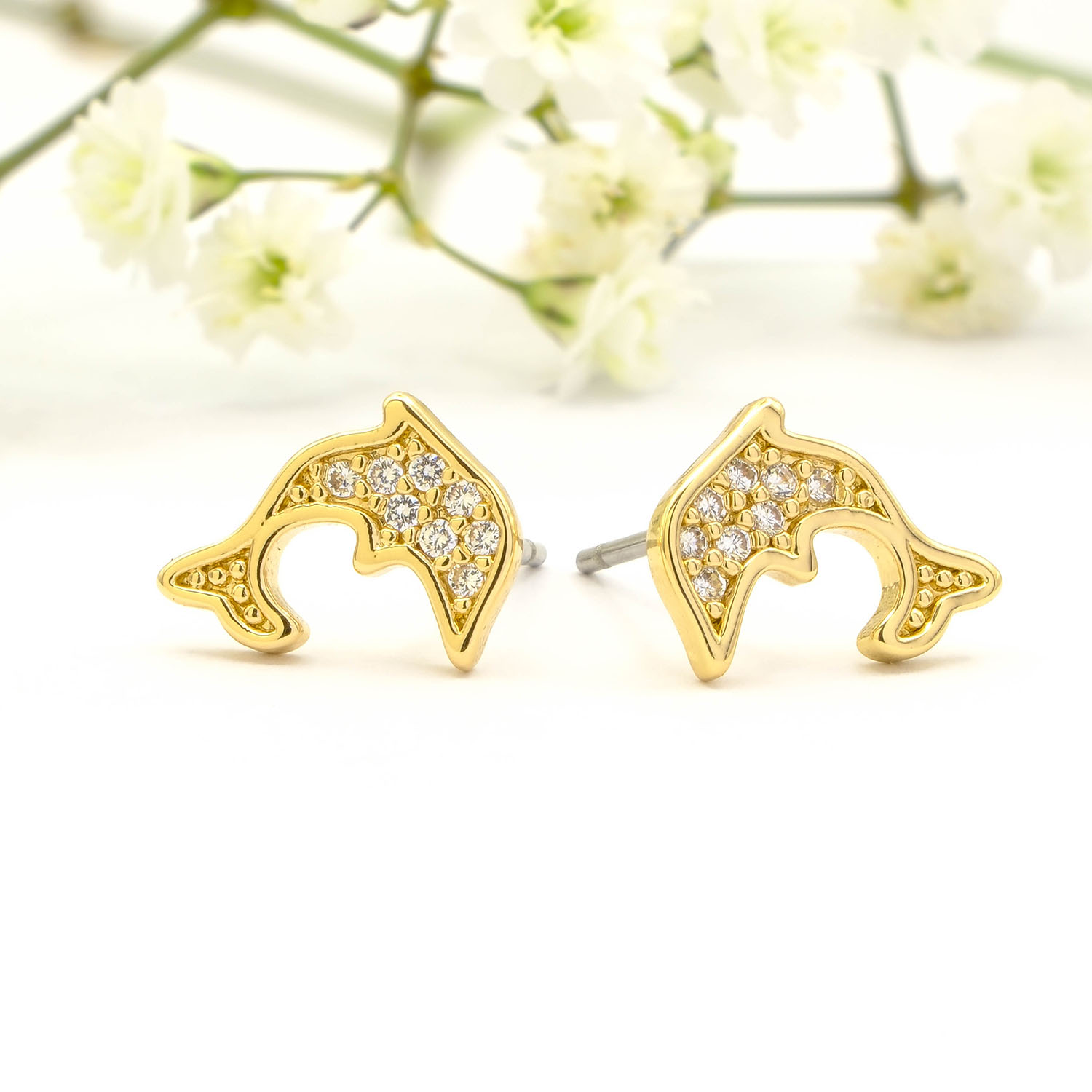 Gold Encrusted Dolphin Stud Earrings - Gold Encrusted Dolphin Stud Earrings GTK36 2