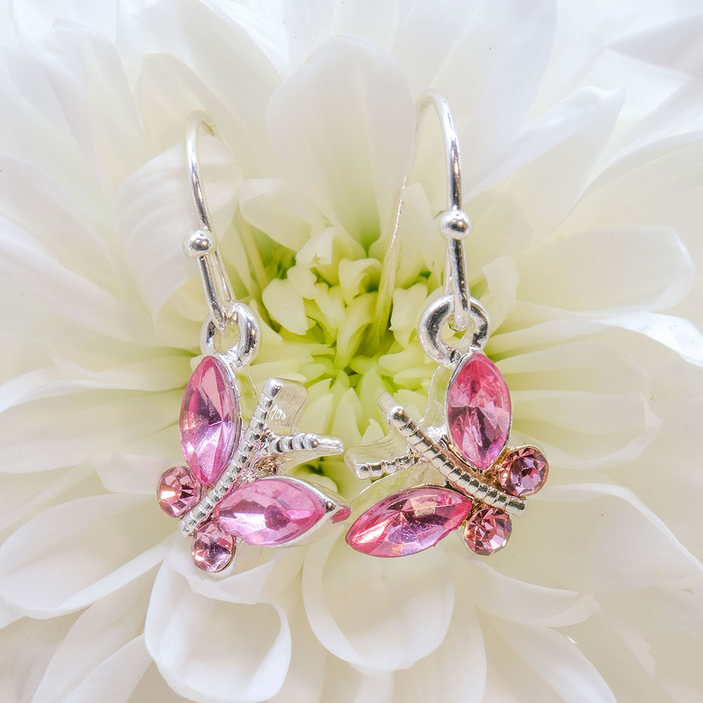 Silver Drop Earrings With Pink Butterfly - Silver Drop Earrings With Pink Butterfly GTK18 2