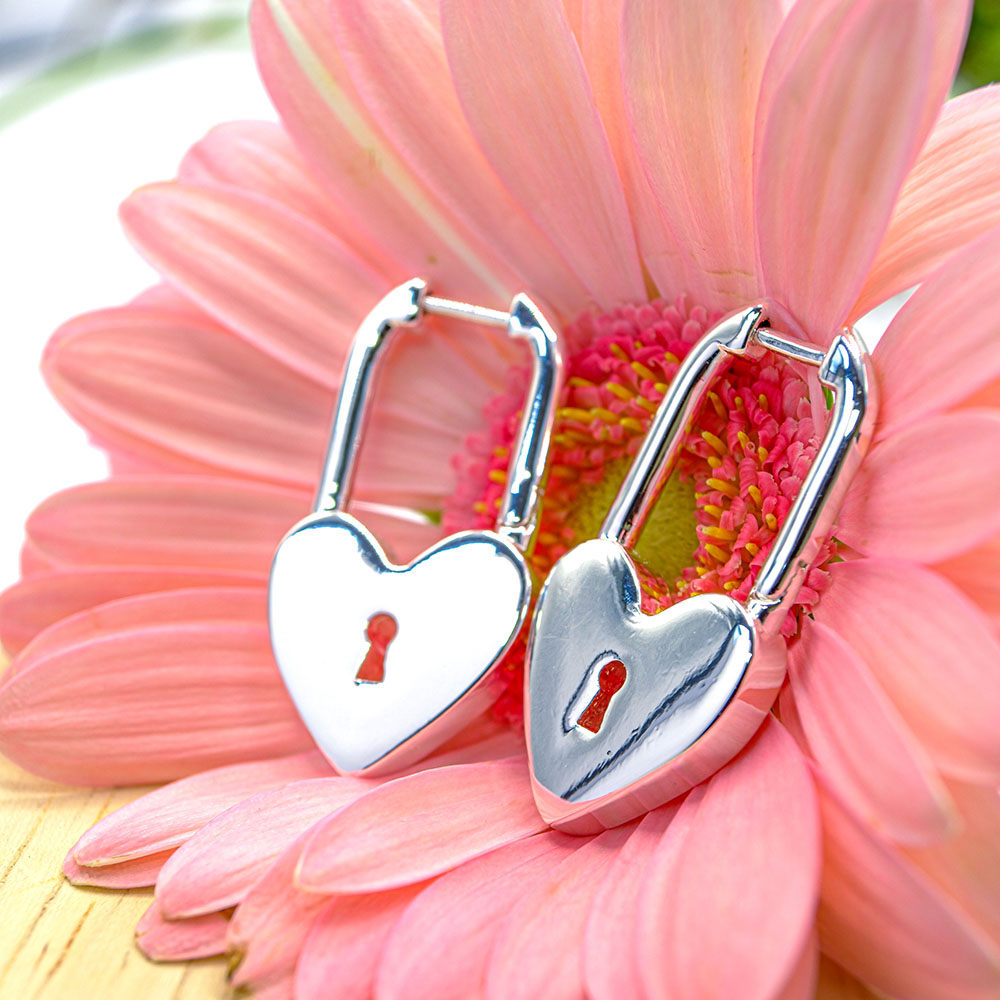 Silver Heart Padlock Earrings - Silver Heart Padlock Drop Earrings ES58