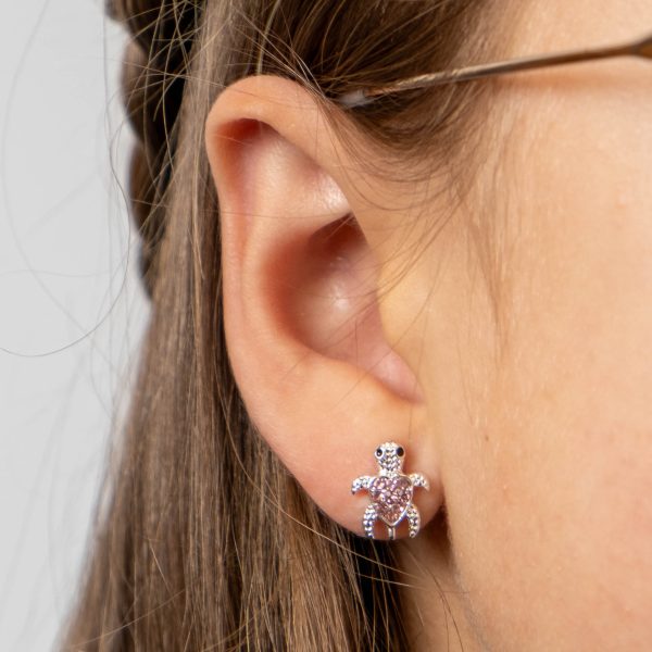 Turtle Stud Earrings - Silver Turtle Earrings with Pink Crystal Insert GTK17