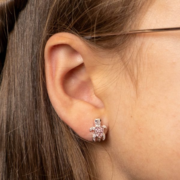 Turtle Stud Earrings - Silver Turtle Studs with Pink Crystal Insert GTK17