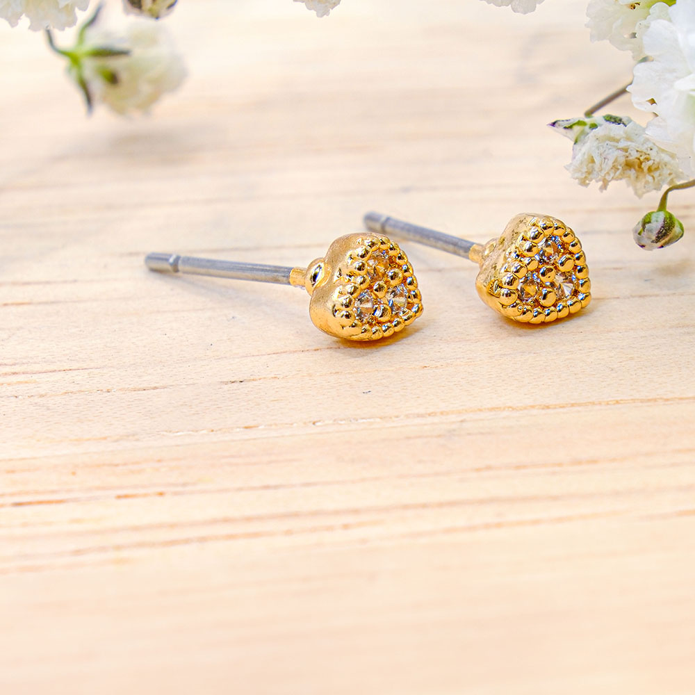 Tiny Gold Encrusted Heart Studs - Tiny Gold Encrusted Heart Studs GTK27
