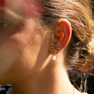 Gold Wire Bow With Pearl Drop Earrings