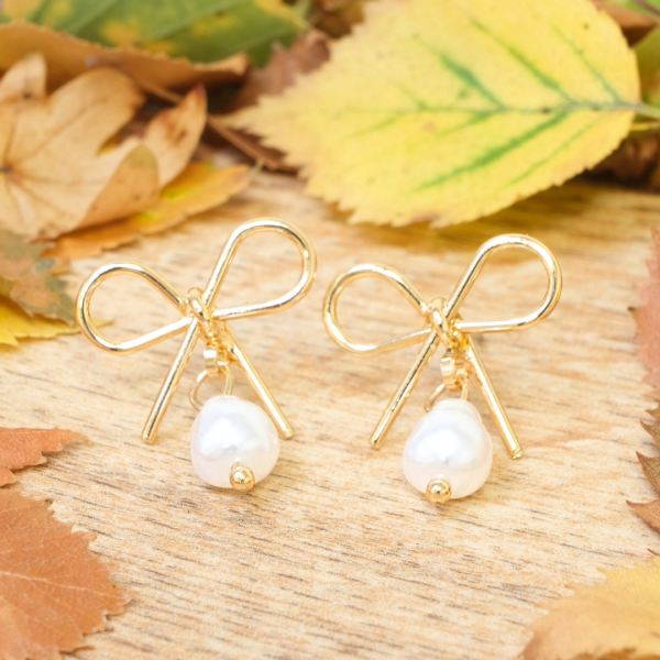 Gold Wire Bow With Pearl Drop Earrings