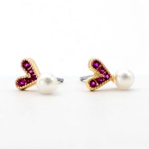 Pink Heart Stud Earrings With Pearl