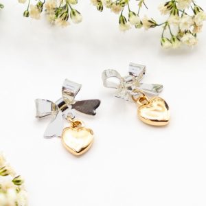 Two Toned Bow Drop Earrings With Heart
