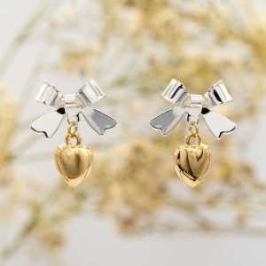 Two Toned Bow Drop Earrings With Heart