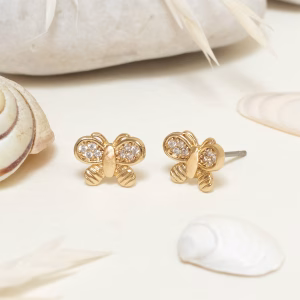 Gold Butterfly Studs With Crystal Insert