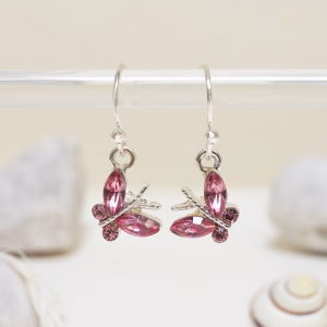 Silver Drop Earrings With Pink Butterfly