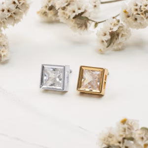 Square Cubic Zirconia Stud Earrings - Silver / Gold