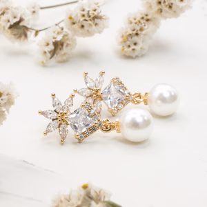 Gold CZ Drop Pearl Earrings