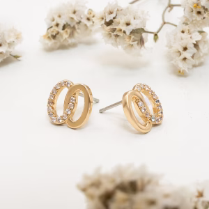 Gold Double Circle CZ Stud Earrings