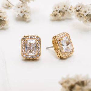 Gold Rectangle CZ Encrusted Stud Earrings