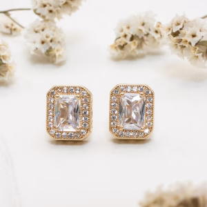 Gold Rectangle CZ Encrusted Stud Earrings