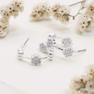 Silver CZ Flower Hoop Earrings