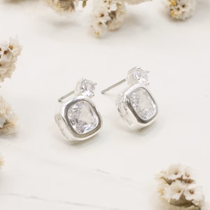 Silver CZ Square Posted Drop Earrings