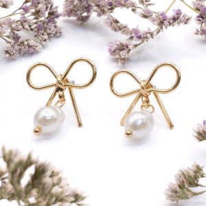 Gold Wire Bow With Pearl Drop Earrings