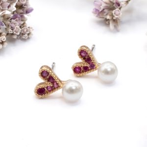 Pink Heart Stud Earrings With Pearl