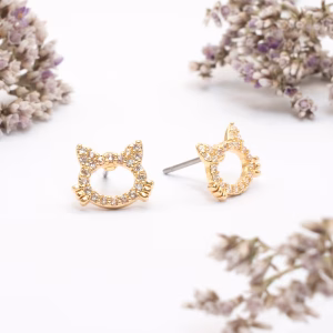 Gold Crystal Cat Stud Earrings