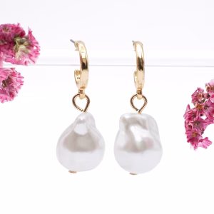 Gold Hoop Baroque Pearl Drop Earrings