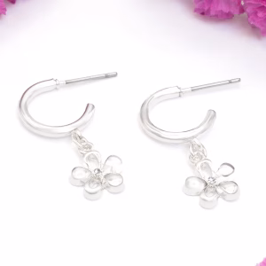 Silver Blue Crystal Flower Hoop Earrings