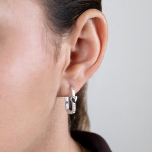 Silver Crystal Heart Rectangular Hoop Earrings
