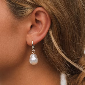 Silver Hoop Baroque Pearl Drop Earrings