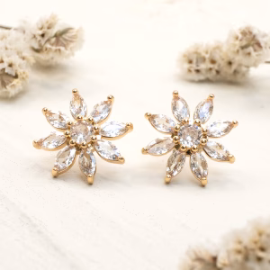 Gold Sunburst CZ Floral Stud Earrings