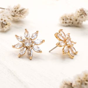 Gold Sunburst CZ Floral Stud Earrings