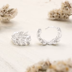Silver CZ Leaf Huggie Hoop Earrings