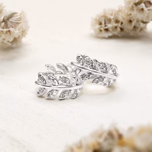 Silver CZ Leaf Huggie Hoop Earrings