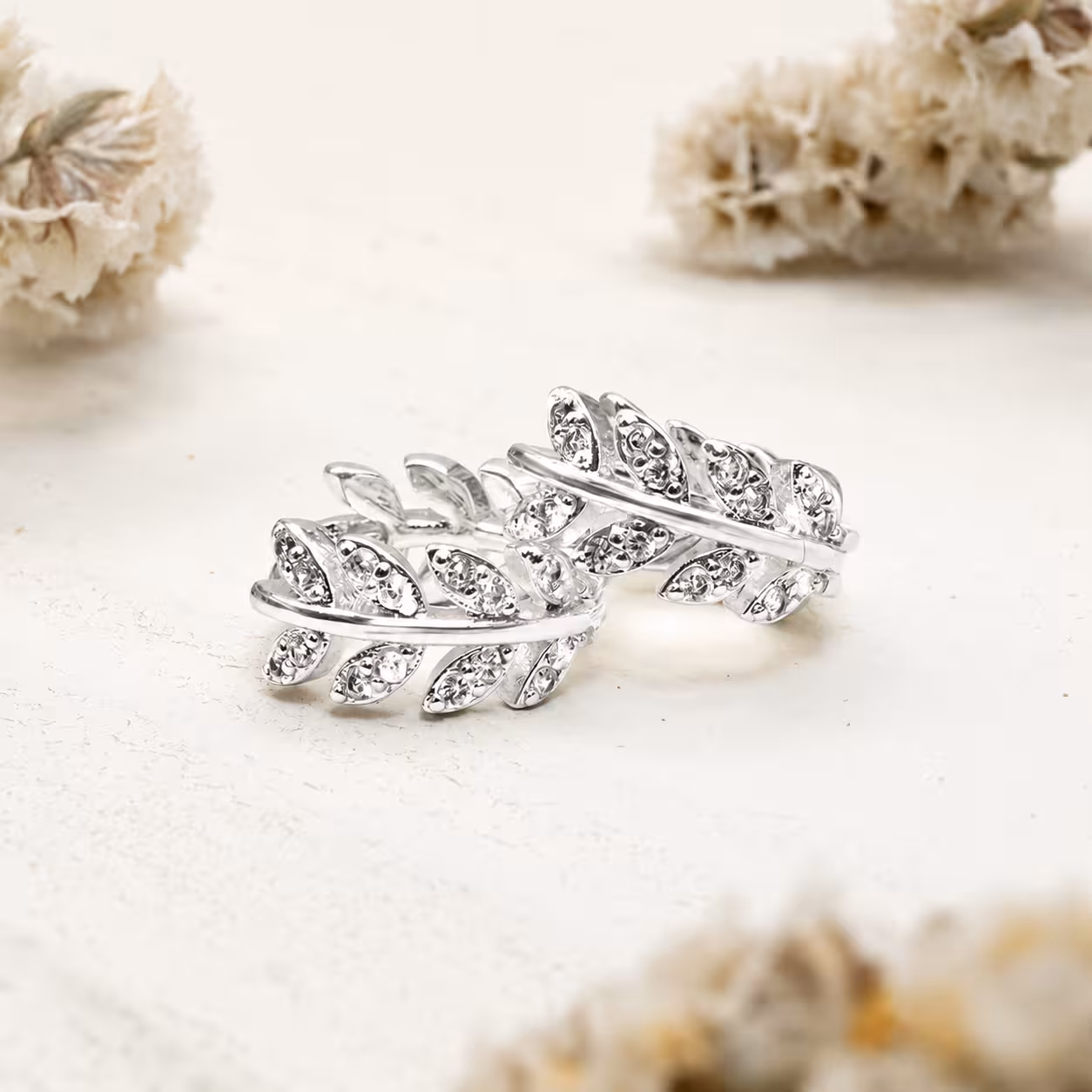 Silver CZ Leaf Huggie Hoop Earrings