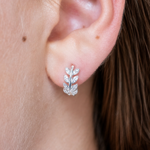 Silver CZ Leaf Huggie Hoop Earrings