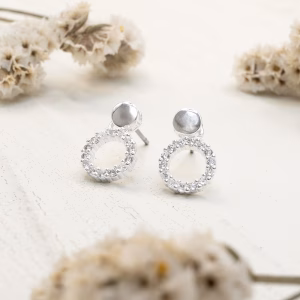 Silver CZ Pave Circle Stud Earrings