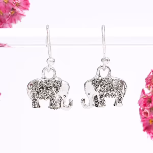Silver Crystal Elephant Drop Earrings